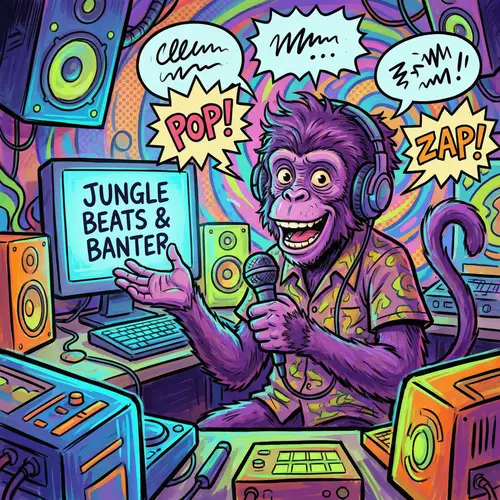 Playful Purple Monkey Podcasting Digital Painting - Vibrant Depiction