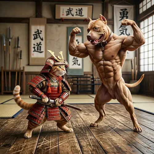 Samurai Cat vs Muscular Dog: Playful Battle Scene