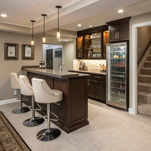 Stylish Basement Dry Bar with Mini Fridge Ideas