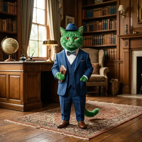 Green Cat in Blue Suit - Cute and Stylish Feline Fashion
