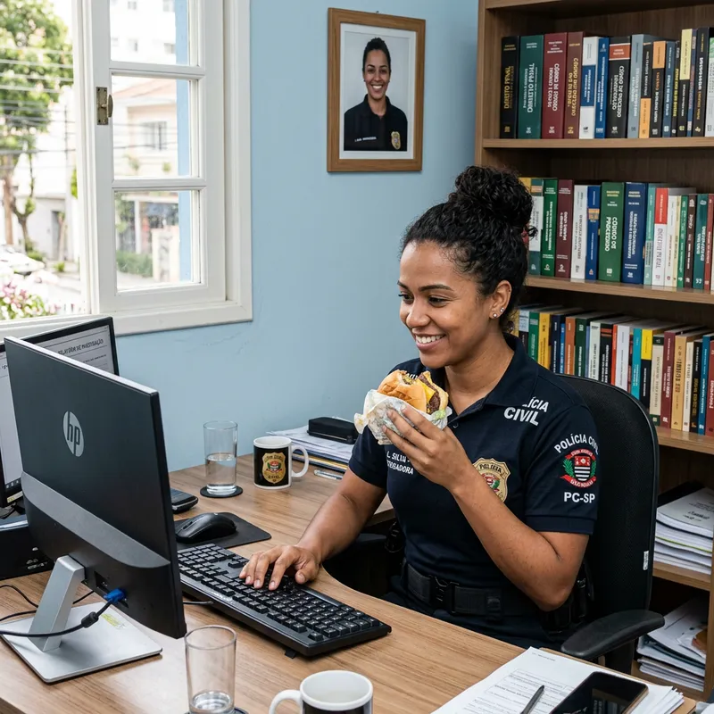 Female Police Officer Working at Computer with Burger in Hand