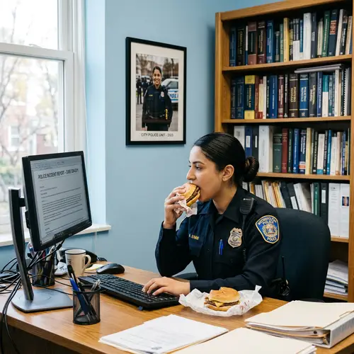 Female Police Officer Typing Report While Eating Burger