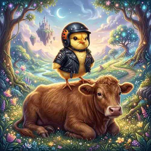 Adorable Chick in Biker Jacket Riding Cow | Fantasy Landscape
