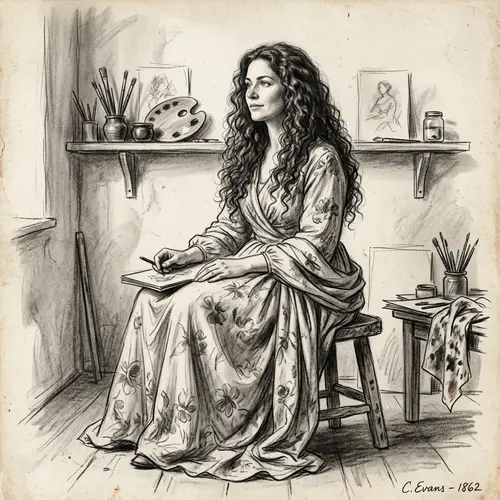 Mid-19th Century Charcoal Drawing of Woman in Floral Dress
