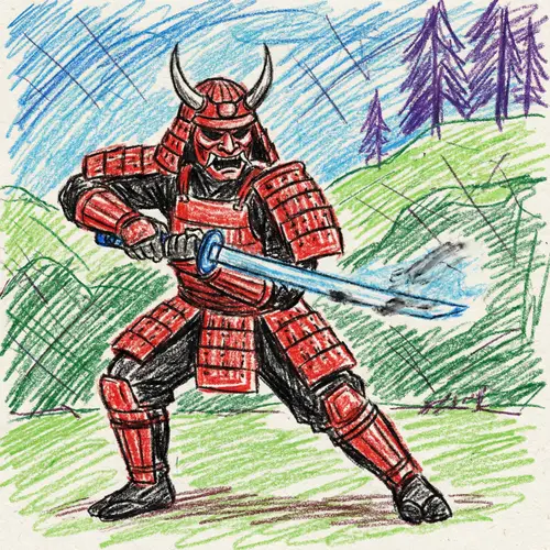 Colorful Crayon Drawing of Dota 2 Juggernaut Warrior
