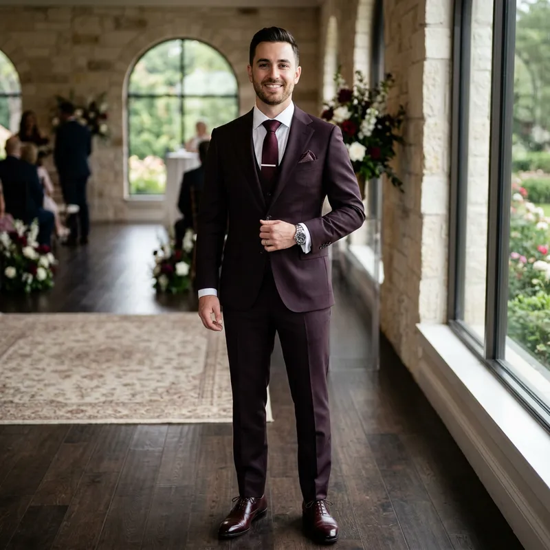 Modern Dark Burgundy Groom's Suit with Stylish Accessories
