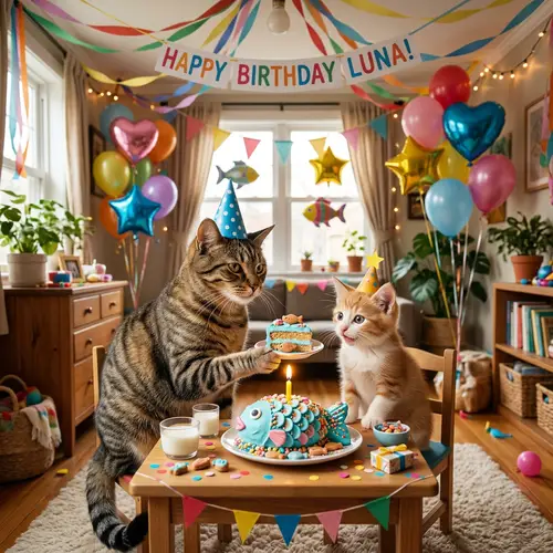 Mother Cat & Kitten Birthday Party | Festive Celebration