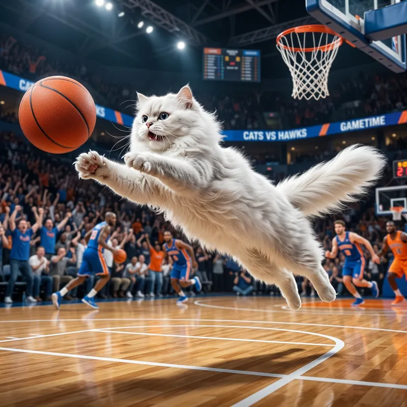 Athletic Fluffy White Cat Leaping in Basketball Match