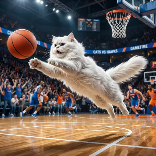 Fluffy White Cat in Exciting Basketball Game