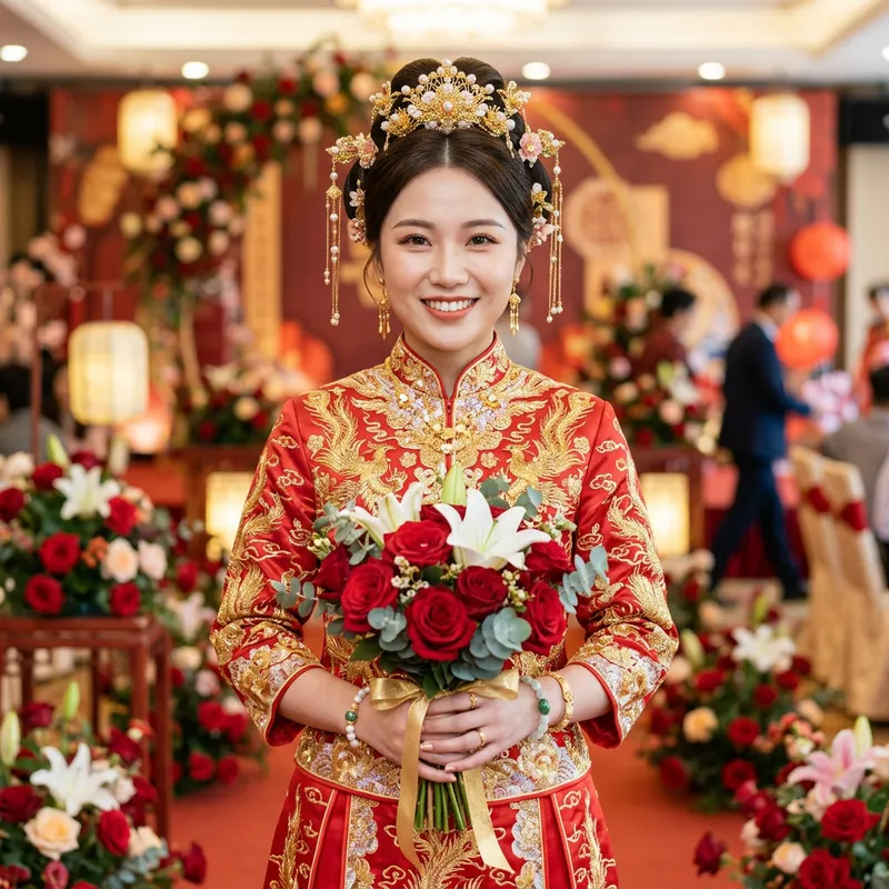 Elegant Asian Bride in Stunning Red Wedding Dress