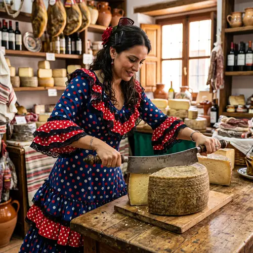 Hispanic Woman in Flamenco Dress Cuts Large Cheese