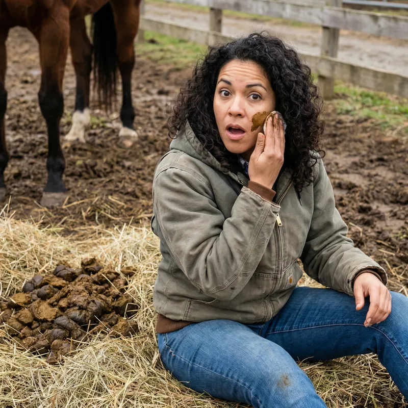 Horse manure mishap: Woman falls, face gets dirty Horse manure mishap: Woman falls, face gets dirty