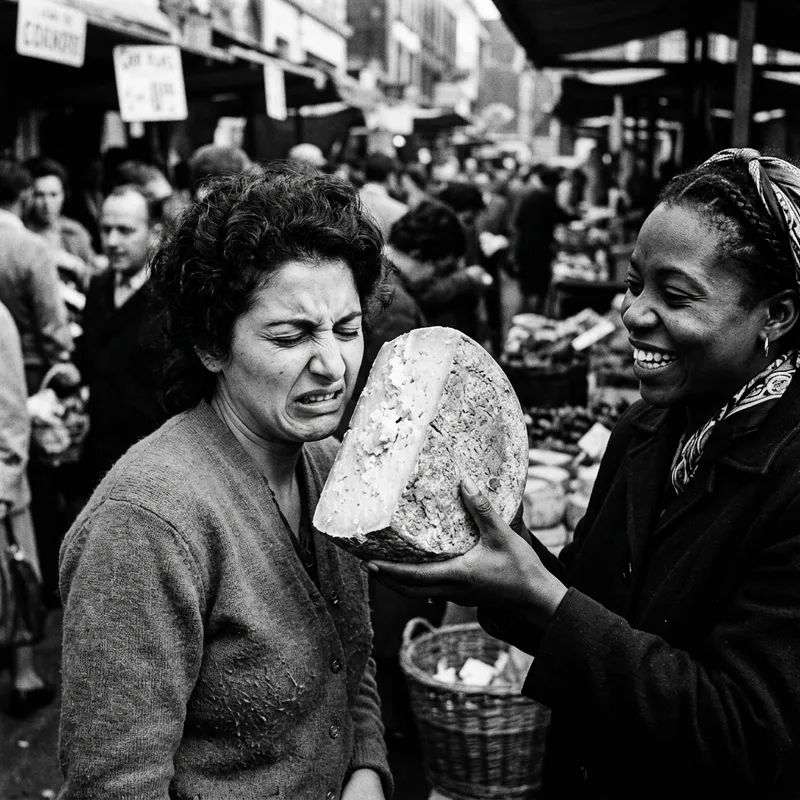 Unexpected Interaction: Disgusted Woman Smelling Cheese, in B&W