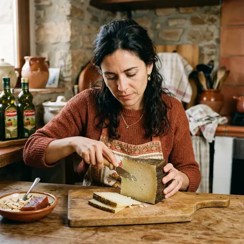 Hispanic Woman Cutting Cured Manchego Cheese | Expertise Illustrated