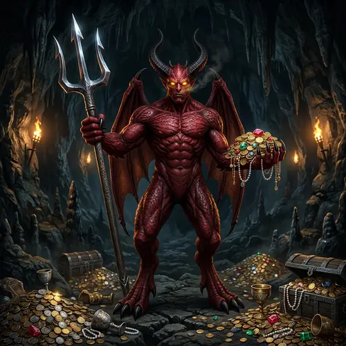 Demonic Entity with Trident and Wealth in Dark Cave