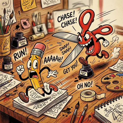 Quirky Cartoon Scene with Scissors Chasing Pencil