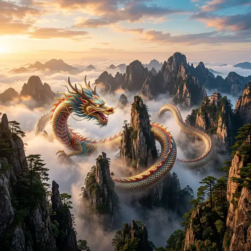 Chinese Dragon Winding Through Majestic Peaks