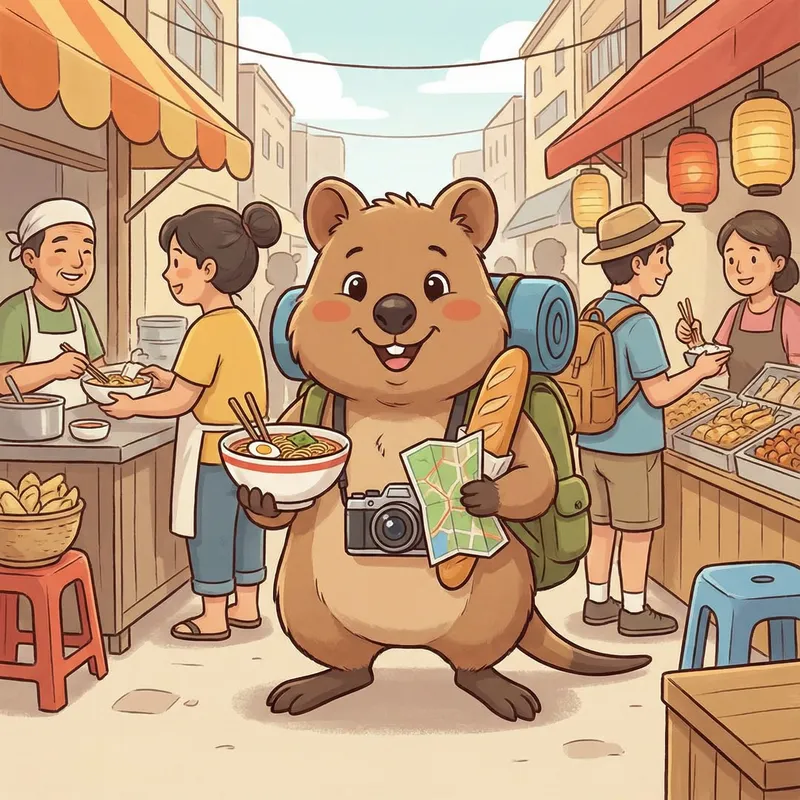 Travel Mascot Celebrating Local Cuisine