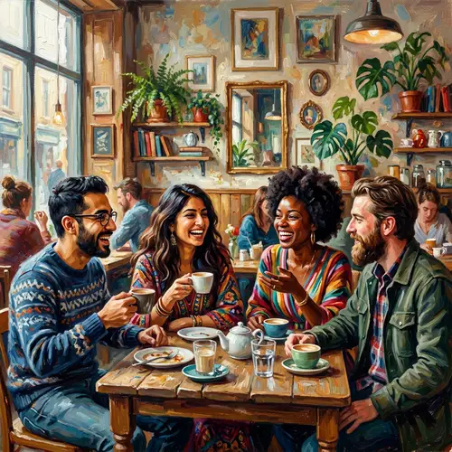Impressionist Painting of Diverse Group of Friends Engaged in Conversation