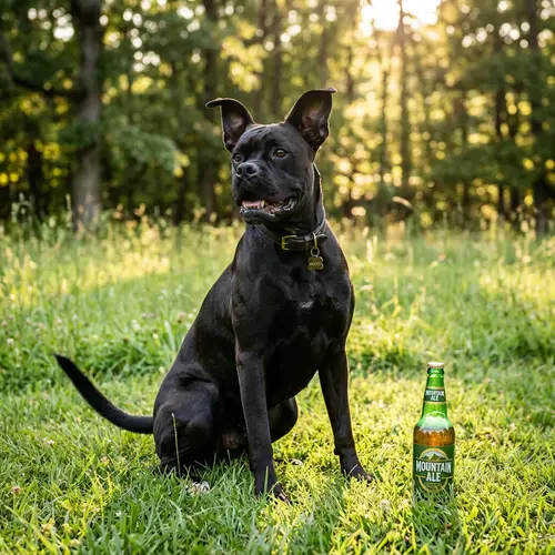 Black Boxer Dog with Beer Bottle | Sunny Grass Field Scene