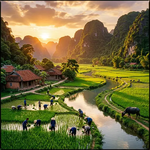 Southern Vietnamese Landscape: Golden Light, Green Fields & Mountains