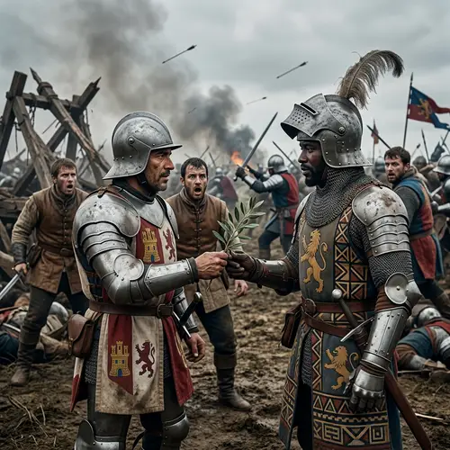 Diverse Knights Peaceful Encounter Amidst Chaos