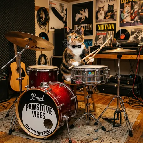 Calico Cat Drummer Playing Percussion Set