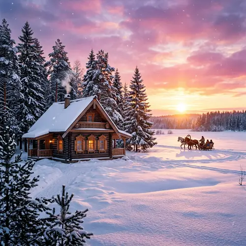 Picturesque Russian Winter Landscape with Wooden Dacha and Troika