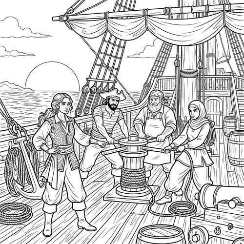 Multi-Cultural Pirate Crew Coloring Scene