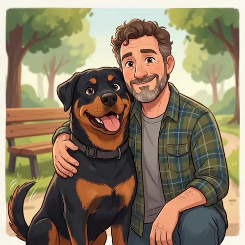 Cartoon Portrait of Man and Rottweiler
