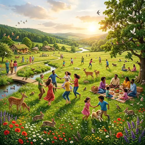 Tranquil Utopia in Verdant Field with Exuberant Animals and People