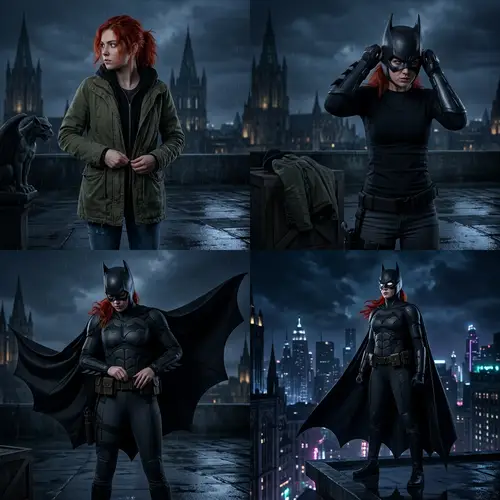 Fiery Red-Haired Woman's Vigilante Transformation in Gothic City Setting