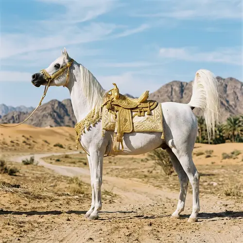 White Arabian Horse with Golden Saddle and Bridle