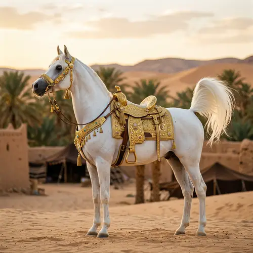 Proud Arabian White Horse with Golden Saddle
