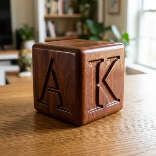Unique Wooden Cube Displaying 'A' and 'K' Letters