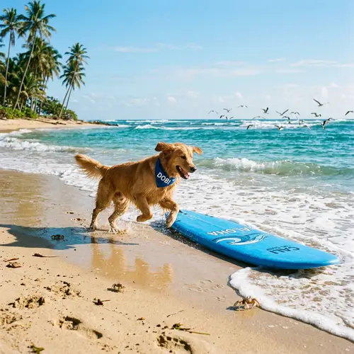 Dobi Golden Retriever Chasing Blue Surfboard at Tropical Beach