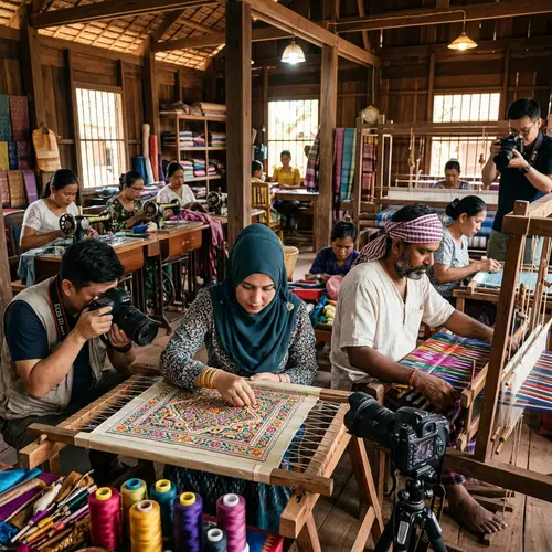 Traditional Khmer Sewing Workshop: Artisans Creating Vibrant Patterns