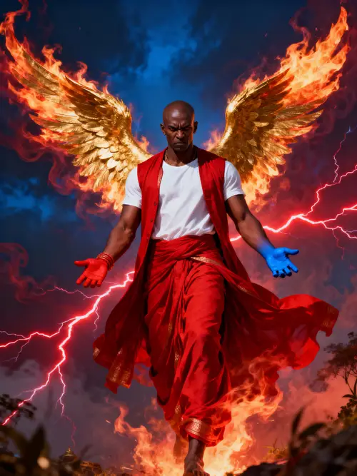 Powerful Light-Skinned Black God in Fiery Fantasy Art