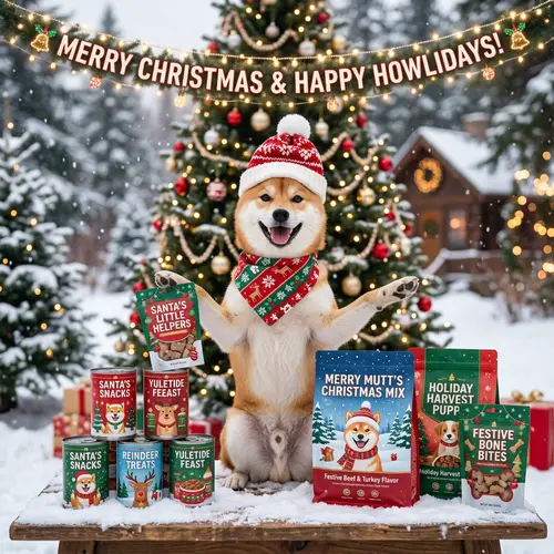 Festive Christmas-Themed Pet Food with Adorable Shiba Inu Dog