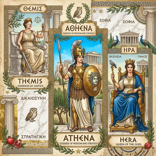 Collage of Greek Goddesses: Themis, Athena, Hera