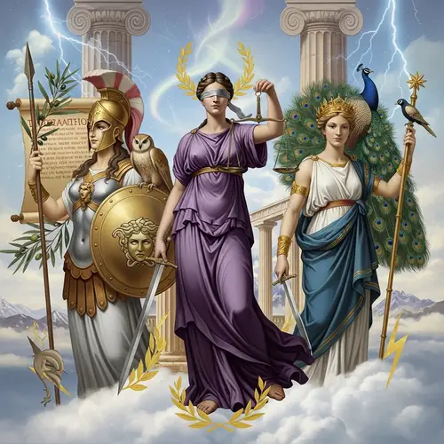 Collage of Greek Goddesses: Themis, Athena, Hera