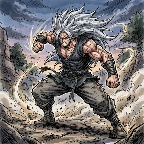 Muscular Anime-Style Character in Dynamic Fighting Pose