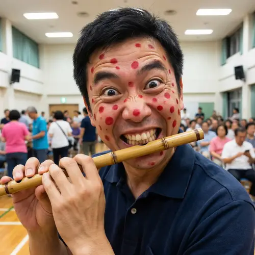 Funny Asian Man Playing Flute - Exaggerated Expression
