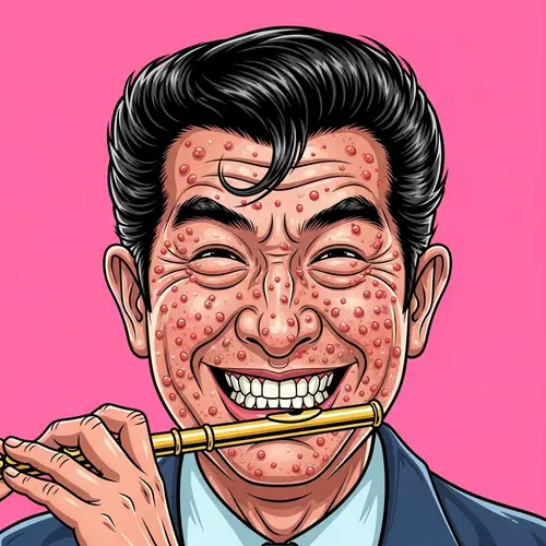 Funny Asian Man Playing Flute - Exaggerated Expression