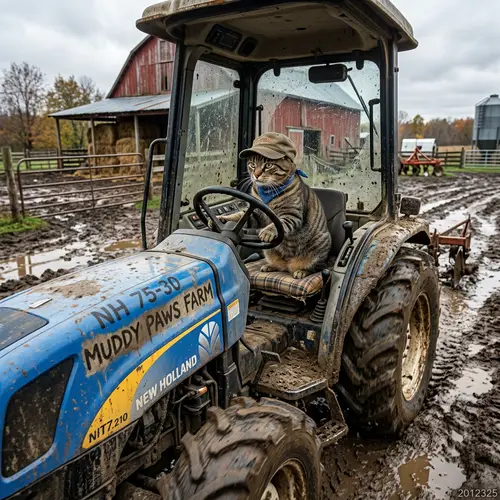 Cat Driving Tractor on Muddy Farm Adventure