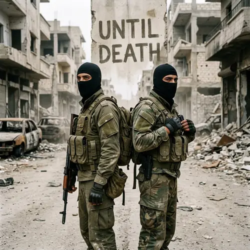 Masked Men in War-Torn City with Immortal Message