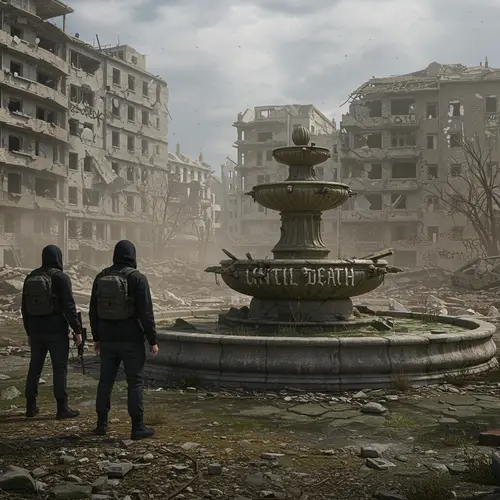 Masked Men in War-Torn City with Immortal Message