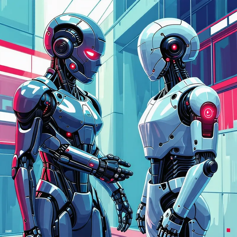 AI-Powered Android Interacts with Robotic AI Assistant in Sci-Fi Style AI-Powered Android Interacts with Robotic AI Assistant in Sci-Fi Style