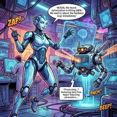 AI-Powered Android Interacts with Robotic AI Assistant in Sci-Fi Style