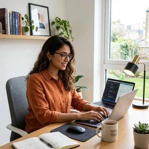 Professional South Asian Woman Working on Computer in Minimalistic Room